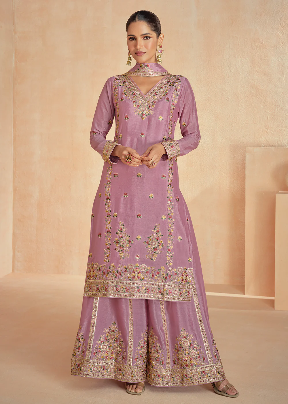 Chinnon Silk Embroidered Pink Designer Palazzo Suit