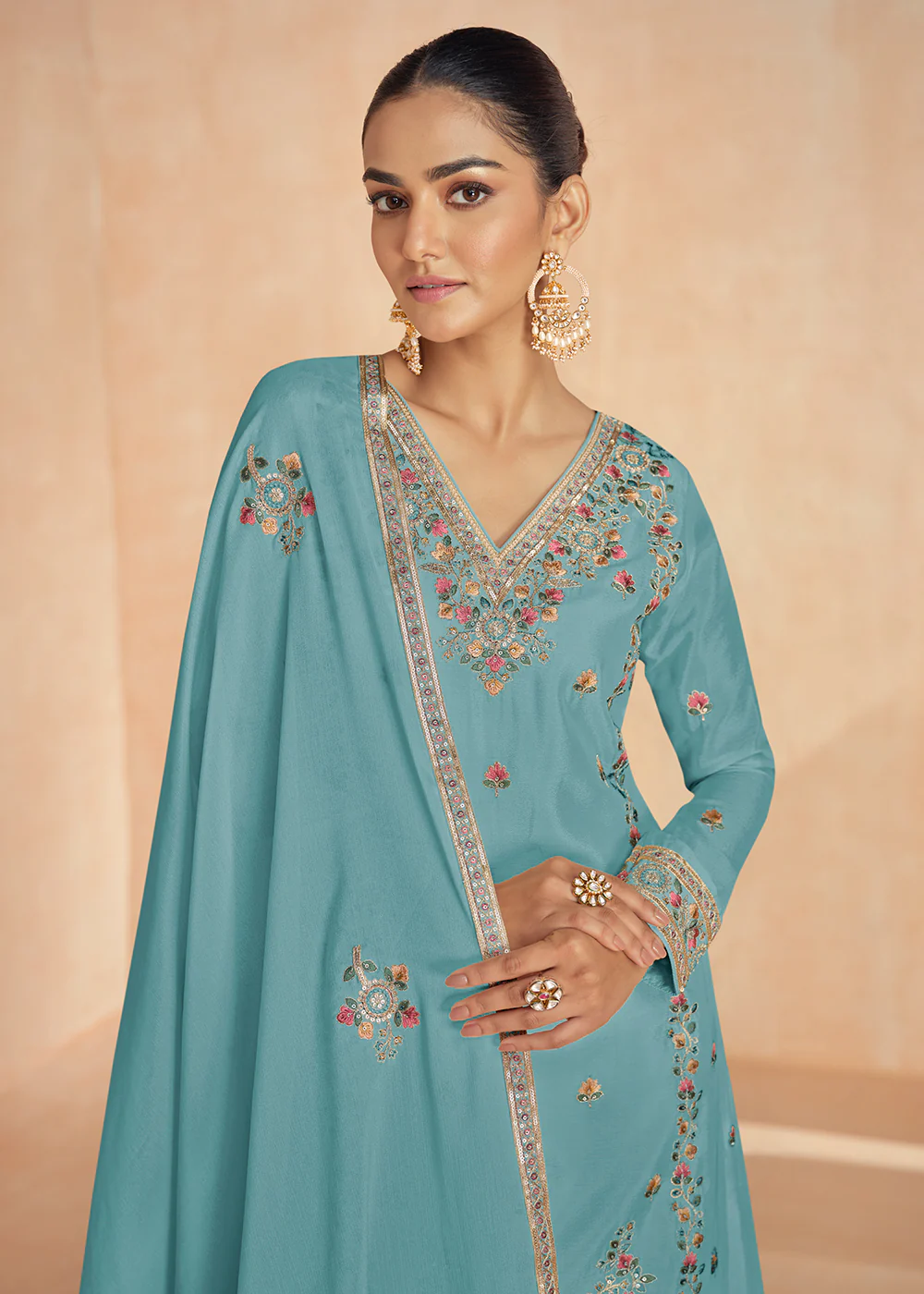 Chinnon Silk Embroidered Sky Blue Designer Palazzo Suit - Image 2