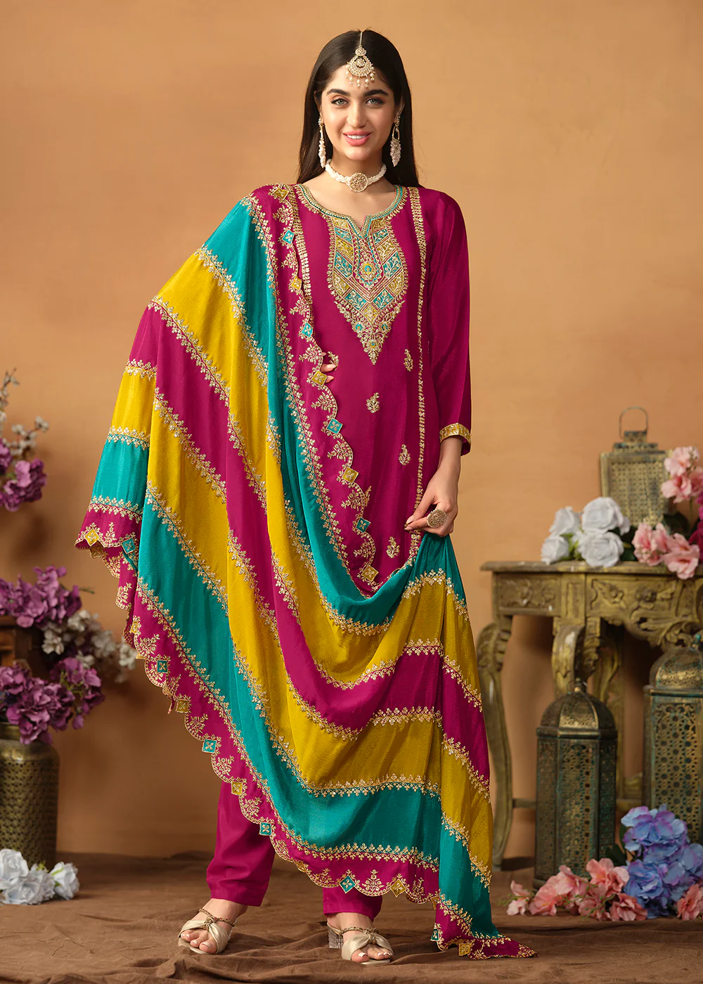 Chinnon Silk Pink Salwar Suit with Multicolor Dupatta