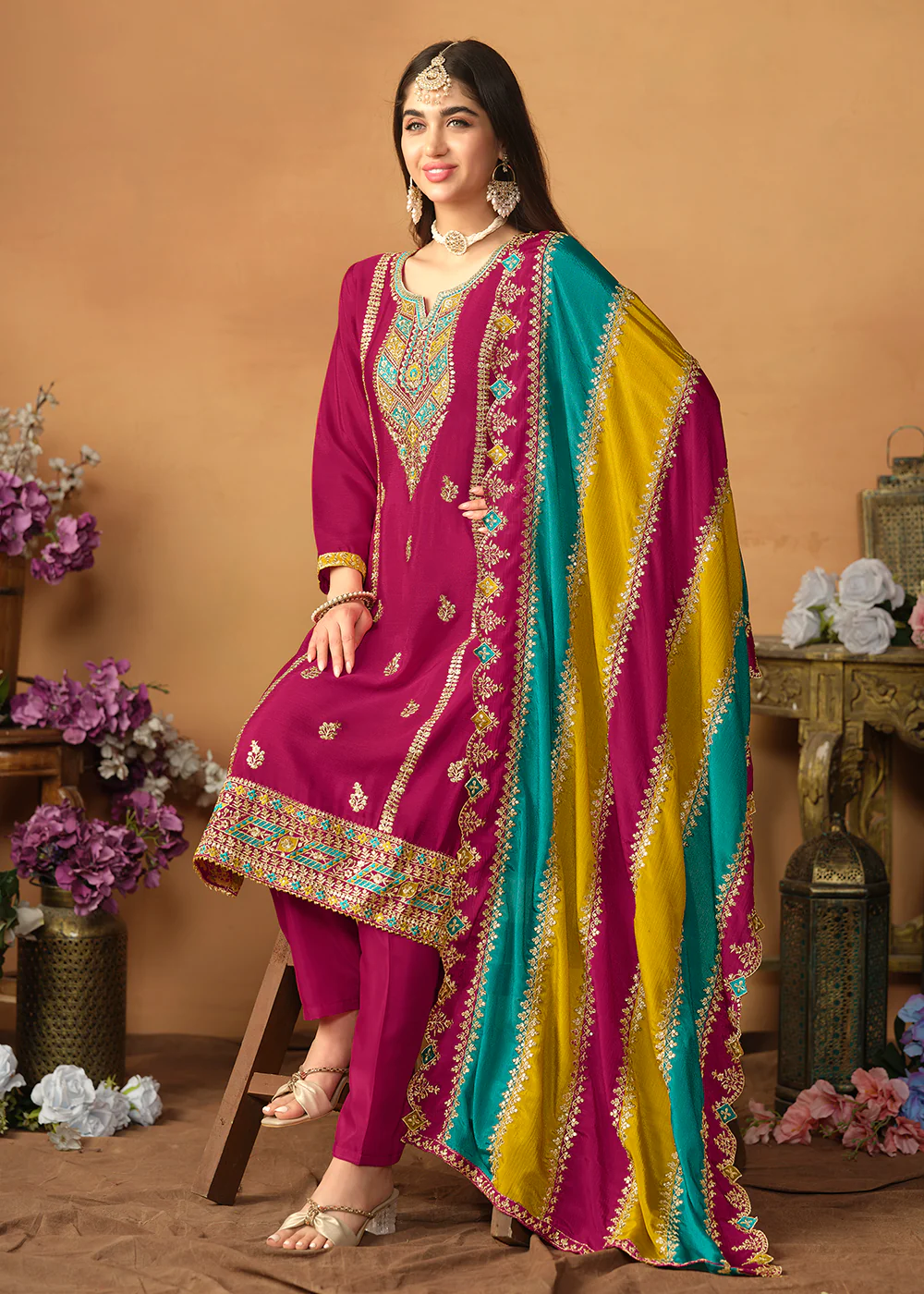 Chinnon Silk Pink Salwar Suit with Multicolor Dupatta - Image 3