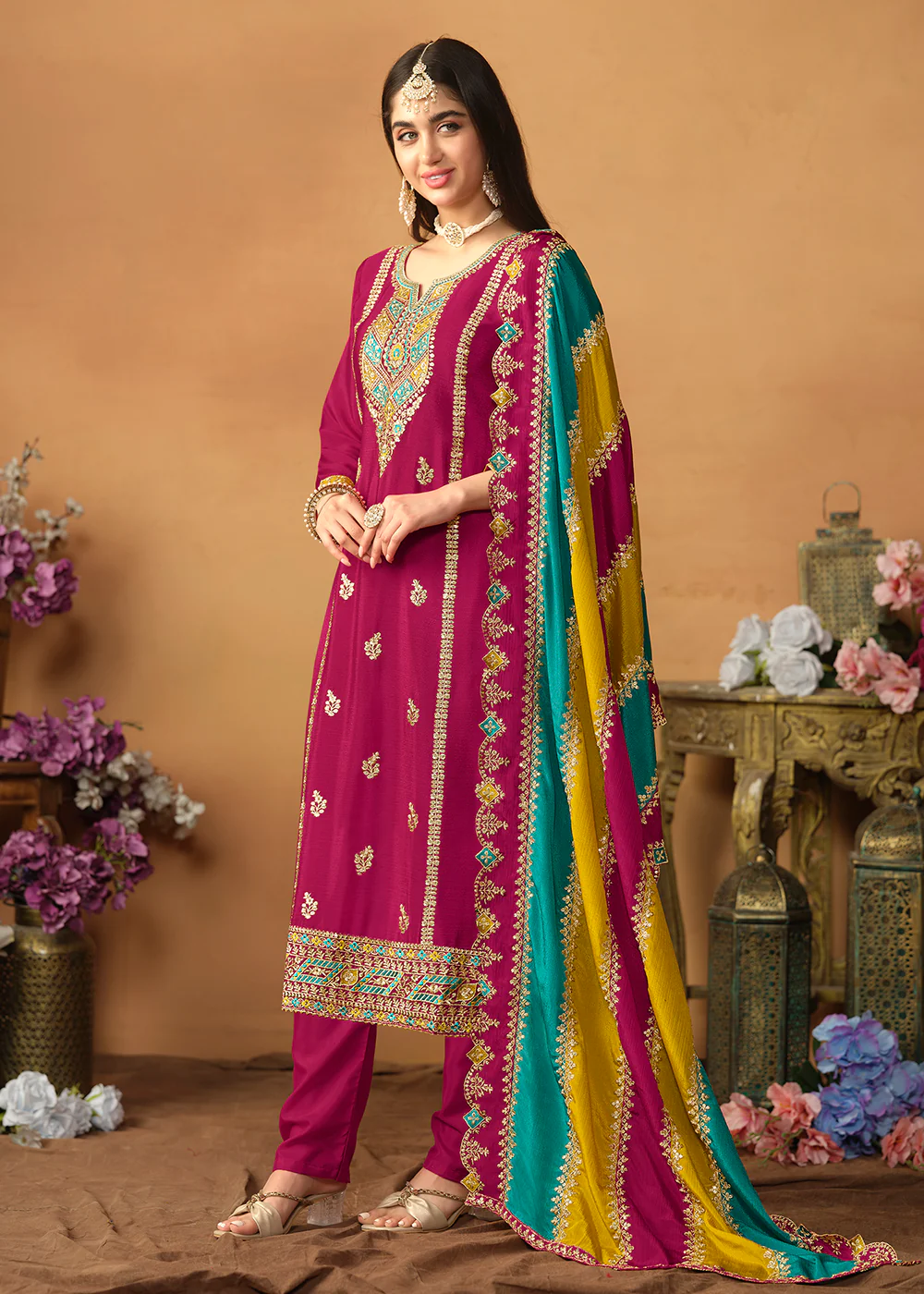 Chinnon Silk Pink Salwar Suit with Multicolor Dupatta - Image 4