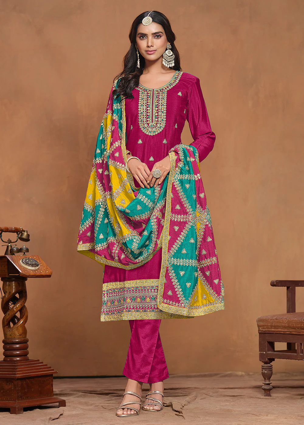 Chinnon Silk Pink Salwar Suit with Triangular Patch Dupatta