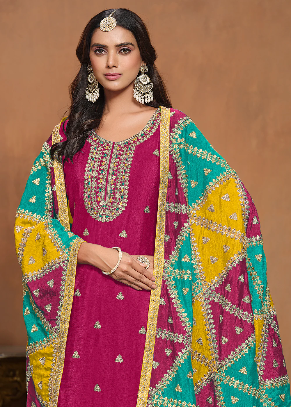 Chinnon Silk Pink Salwar Suit with Triangular Patch Dupatta - Image 2