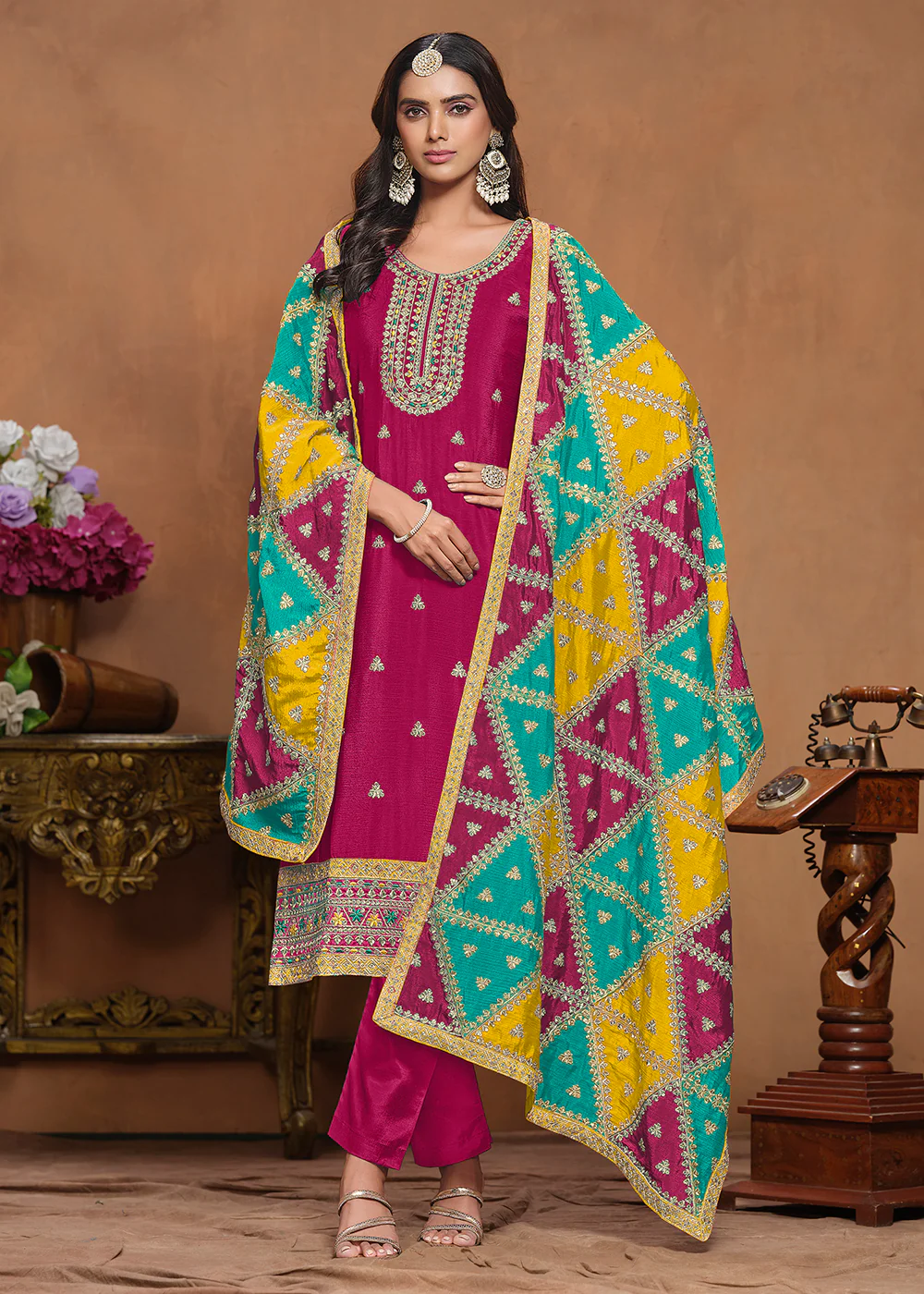 Chinnon Silk Pink Salwar Suit with Triangular Patch Dupatta - Image 3