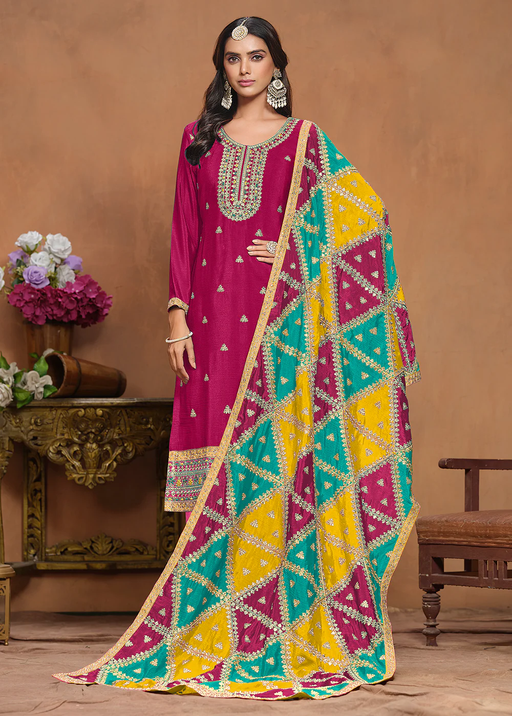Chinnon Silk Pink Salwar Suit with Triangular Patch Dupatta - Image 4
