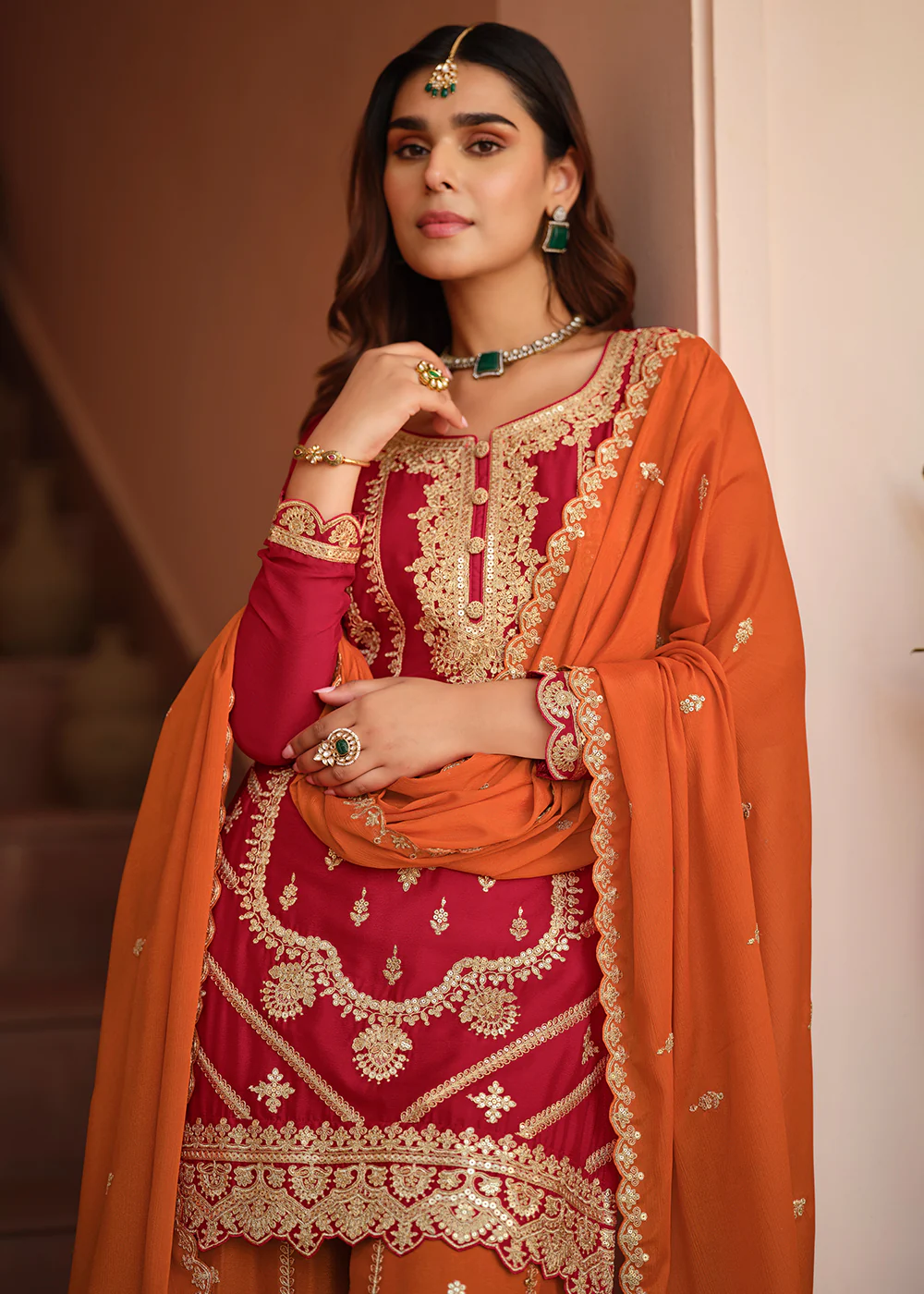 Chinnon Silk Red & Orange Festive Palazzo Suit - Image 2