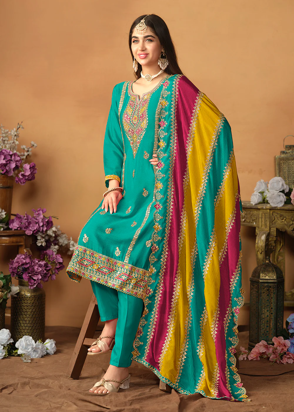Chinnon Silk Turquoise Salwar Suit with Multicolor Dupatta - Image 3