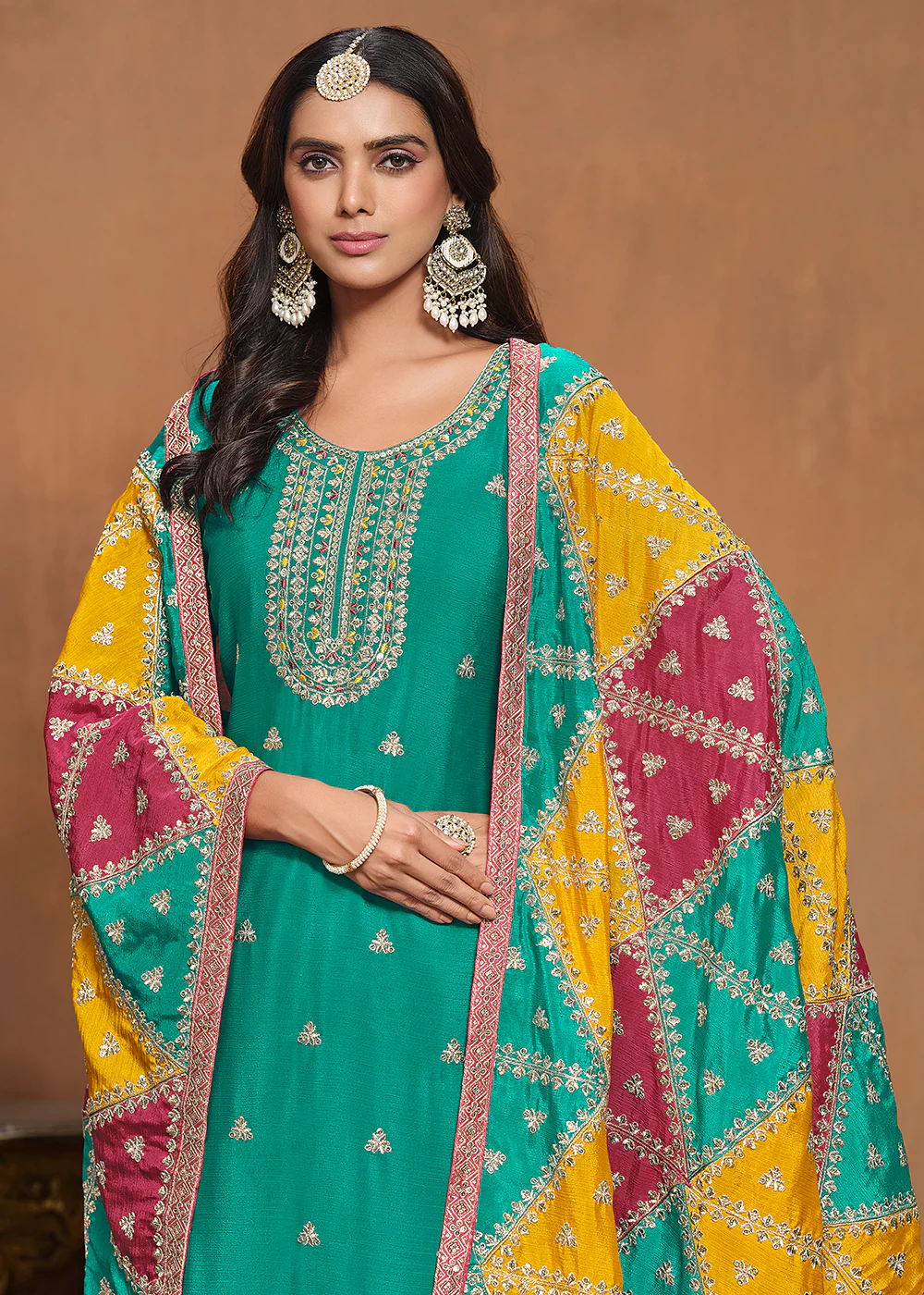 Chinnon Silk Turquoise Salwar Suit with Triangular Patch Dupatta - Image 2