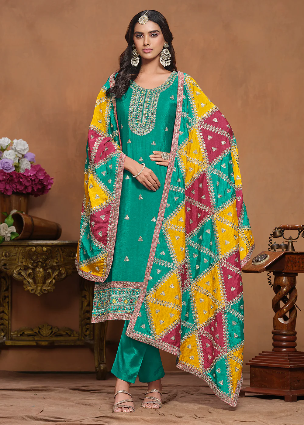 Chinnon Silk Turquoise Salwar Suit with Triangular Patch Dupatta - Image 3