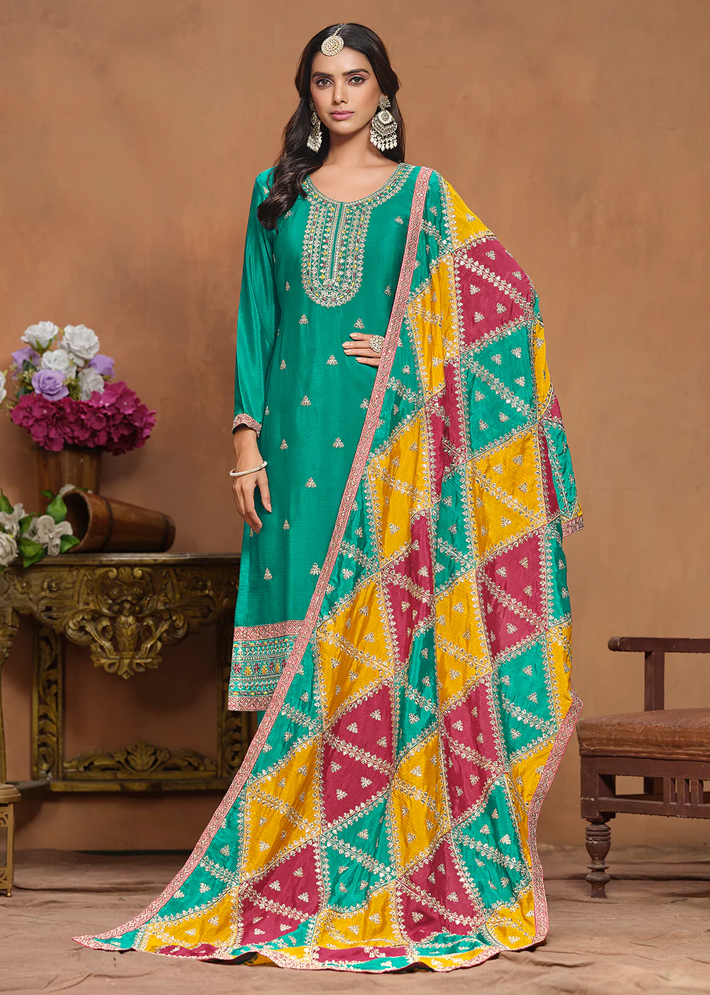 Chinnon Silk Turquoise Salwar Suit with Triangular Patch Dupatta - Image 4