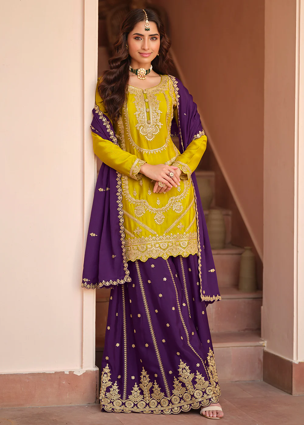 Chinnon Silk Yellow & Purple Festive Palazzo Suit