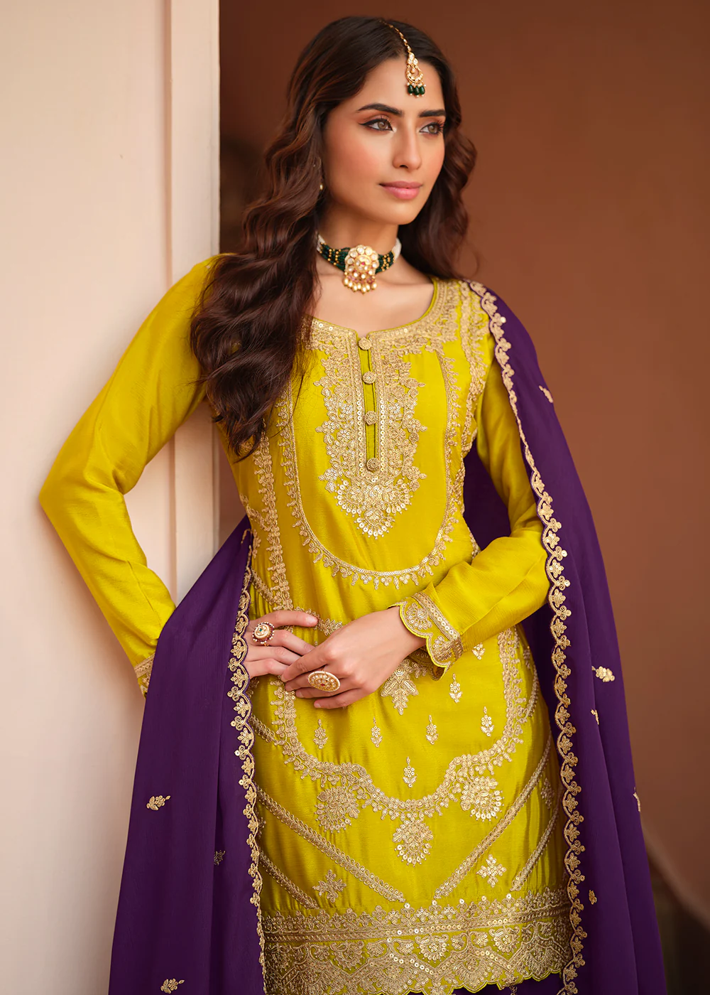 Chinnon Silk Yellow & Purple Festive Palazzo Suit - Image 2