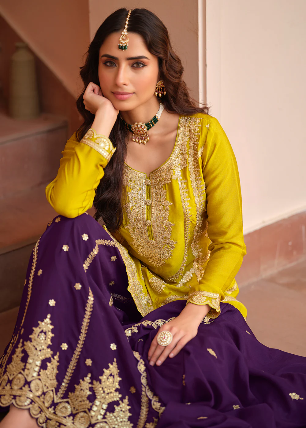 Chinnon Silk Yellow & Purple Festive Palazzo Suit - Image 3