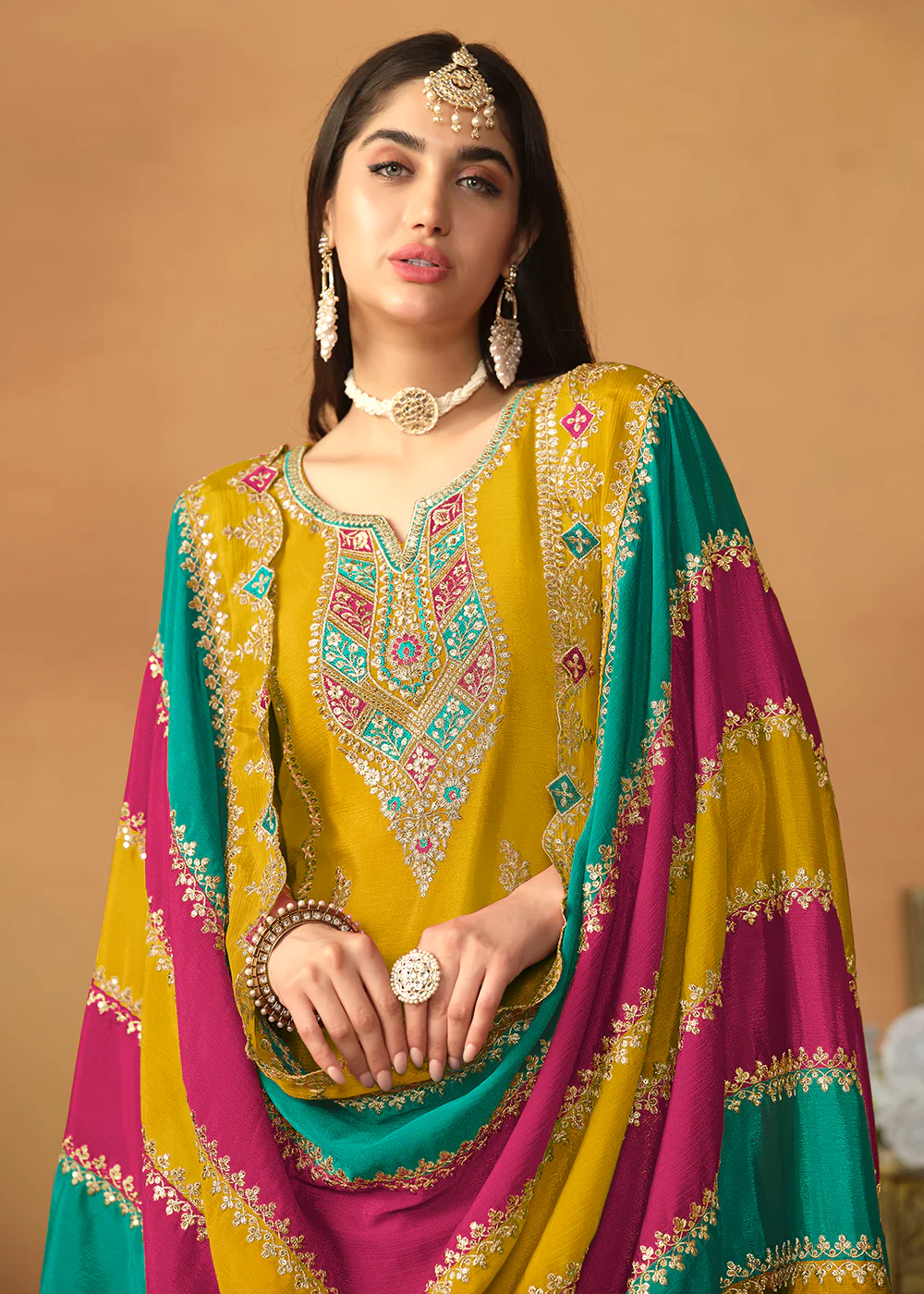 Chinnon Silk Yellow Salwar Suit with Multicolor Dupatta - Image 2