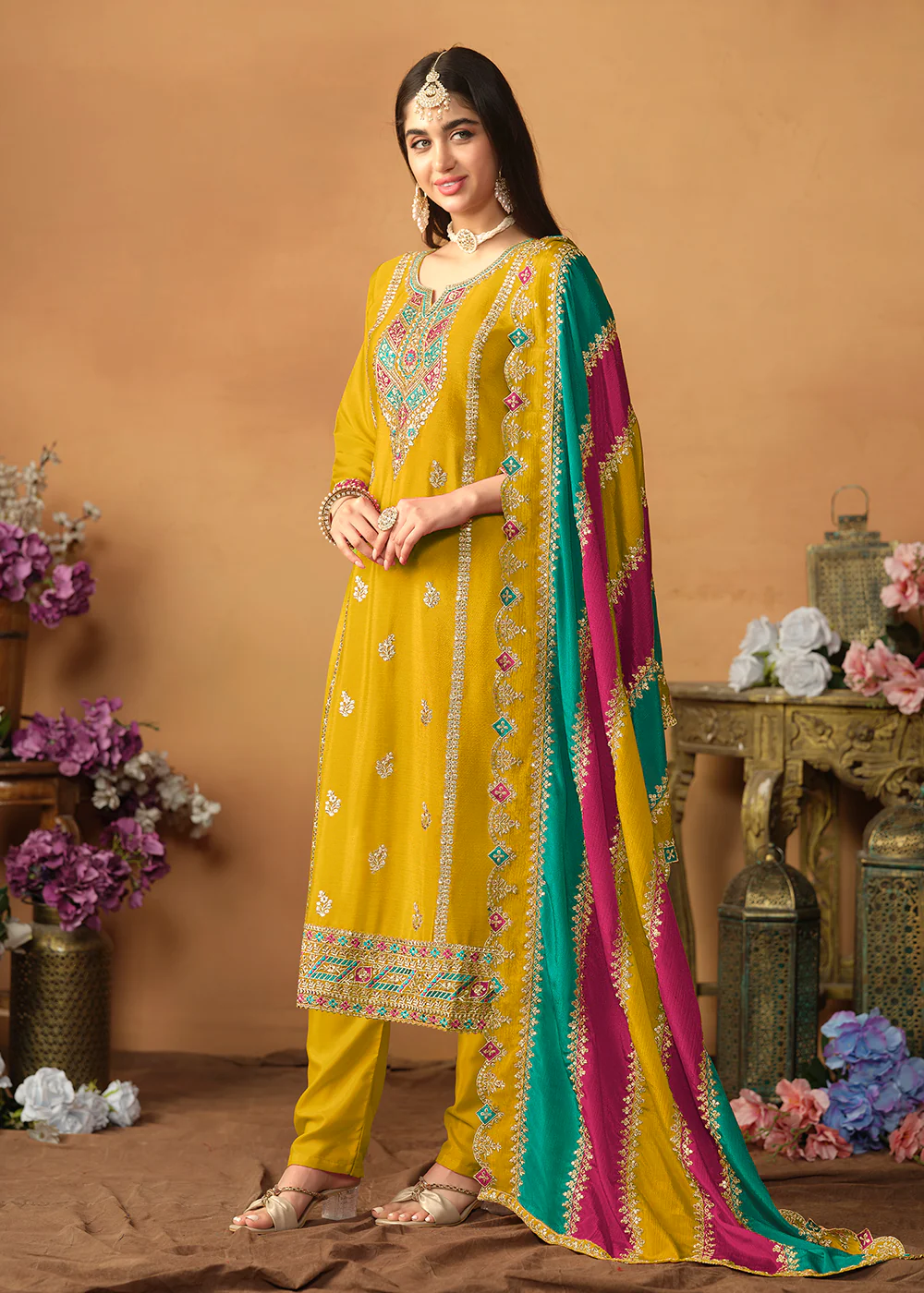 Chinnon Silk Yellow Salwar Suit with Multicolor Dupatta - Image 4