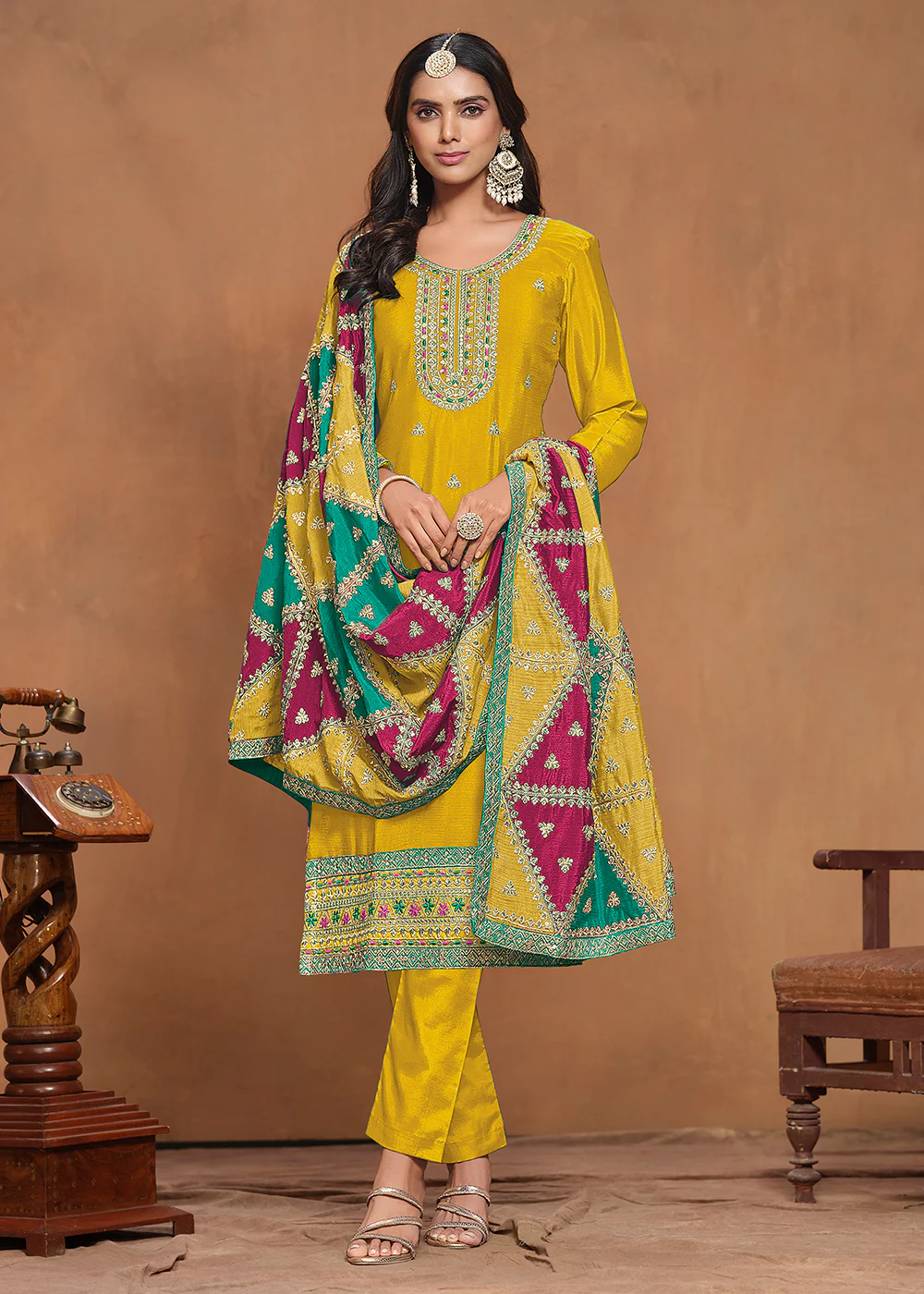 Chinnon Silk Yellow Salwar Suit with Triangular Patch Dupatta