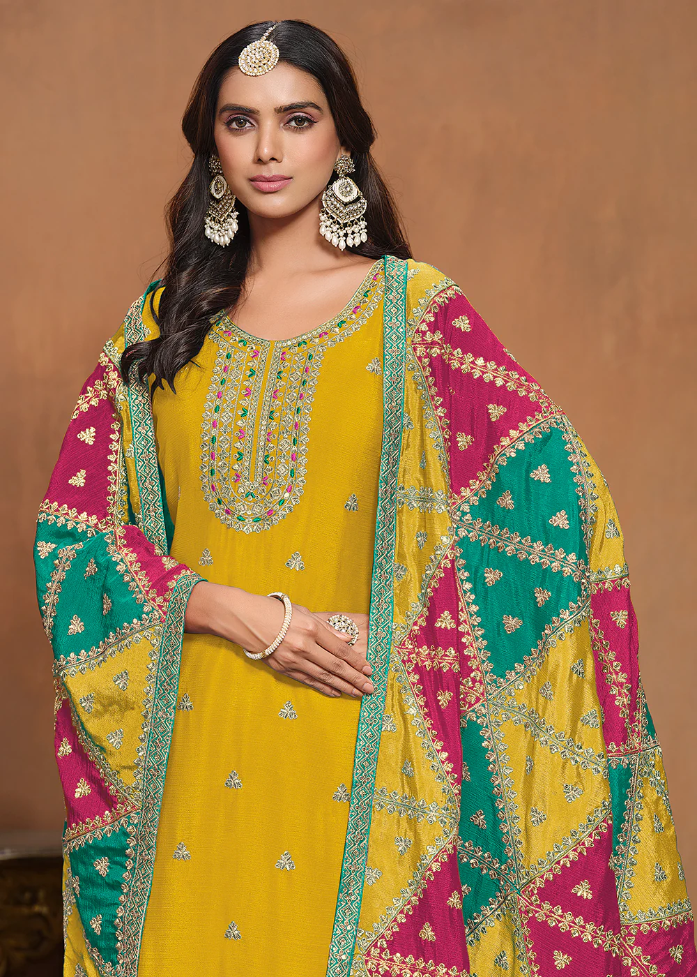 Chinnon Silk Yellow Salwar Suit with Triangular Patch Dupatta - Image 2