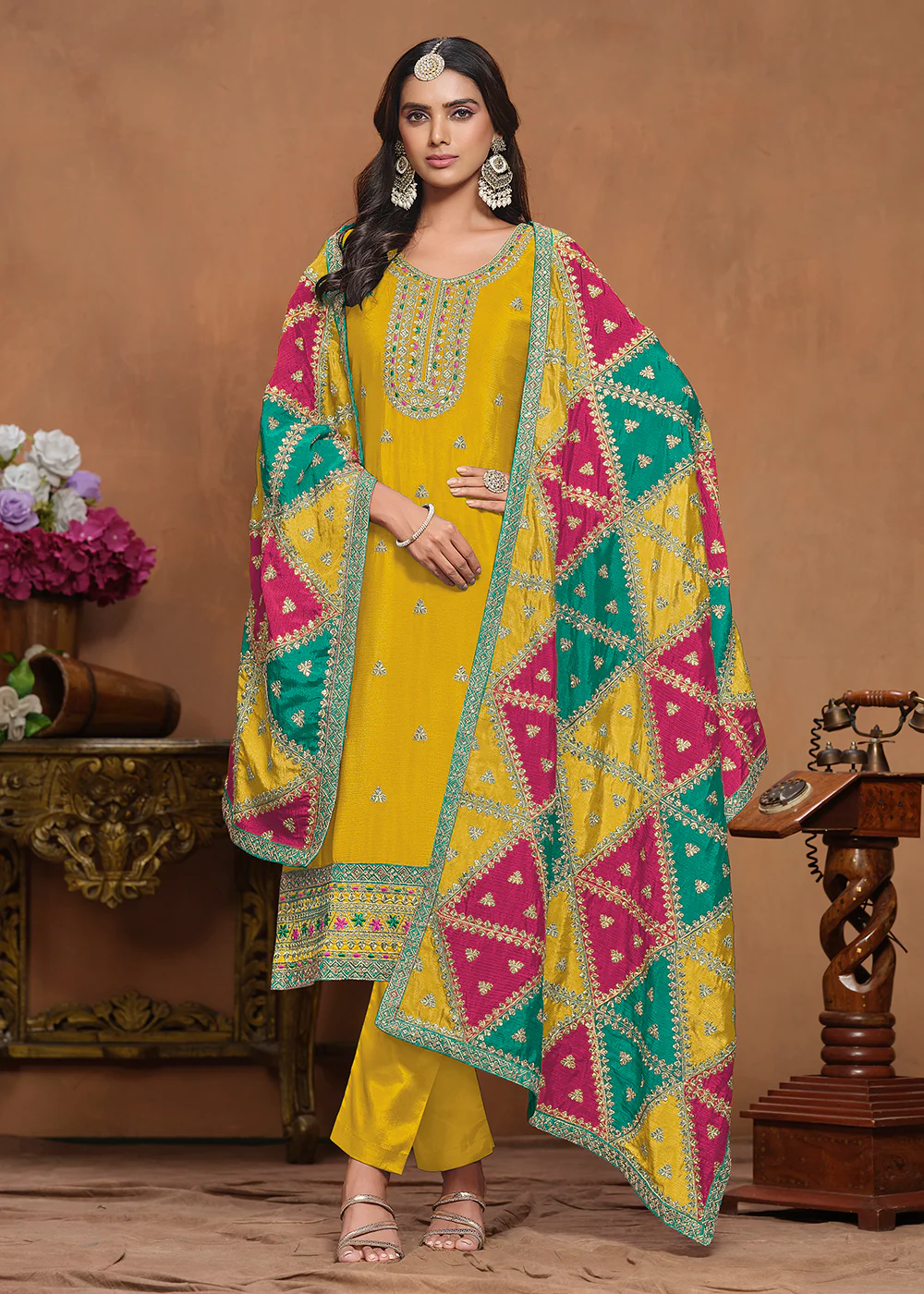 Chinnon Silk Yellow Salwar Suit with Triangular Patch Dupatta - Image 3