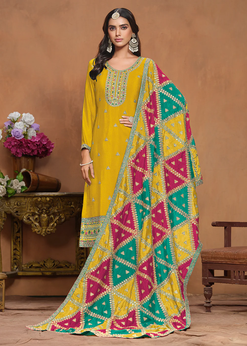Chinnon Silk Yellow Salwar Suit with Triangular Patch Dupatta - Image 4