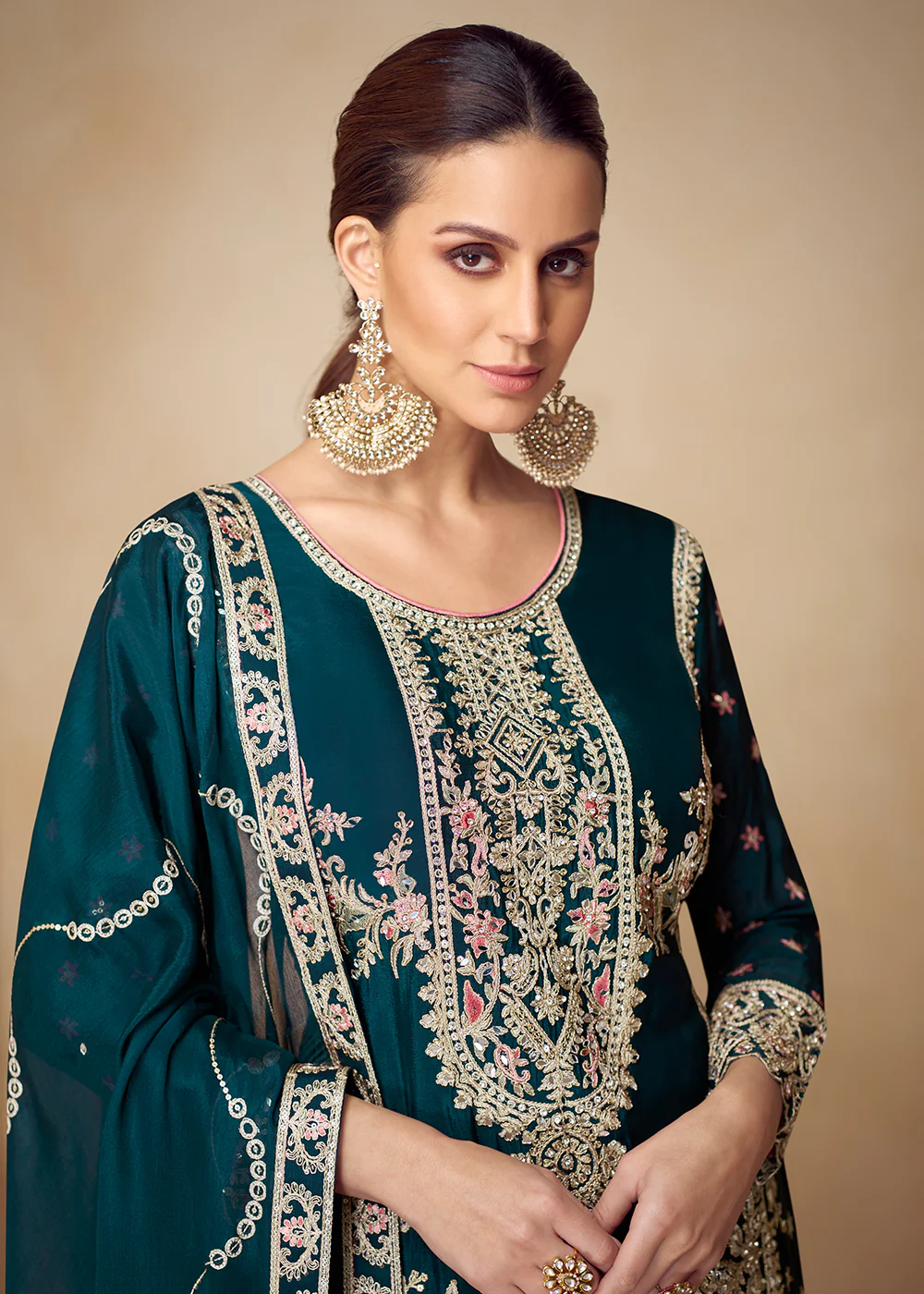 Chinnon Teal Hand Embroidered Festive Palazzo Suit - Image 2