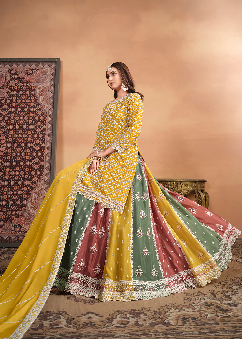 Chinnon Yellow Multicolor Embroidered Lehenga Style Suit - Image 4