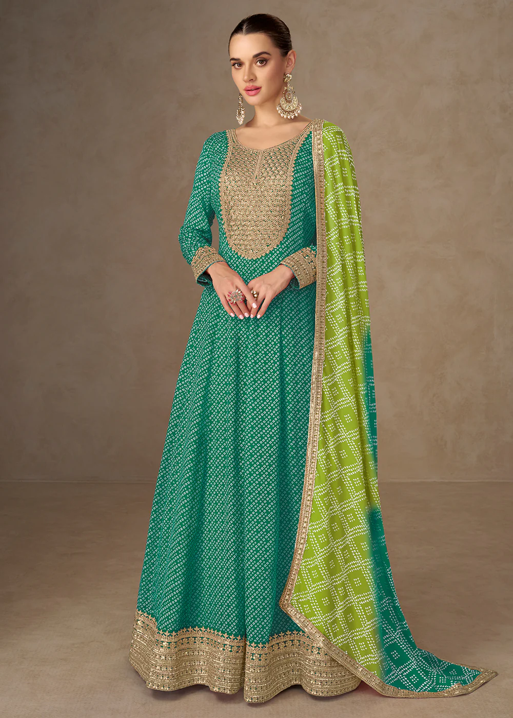 Chinon Bandhej Printed Green Festive Anarkali Gown