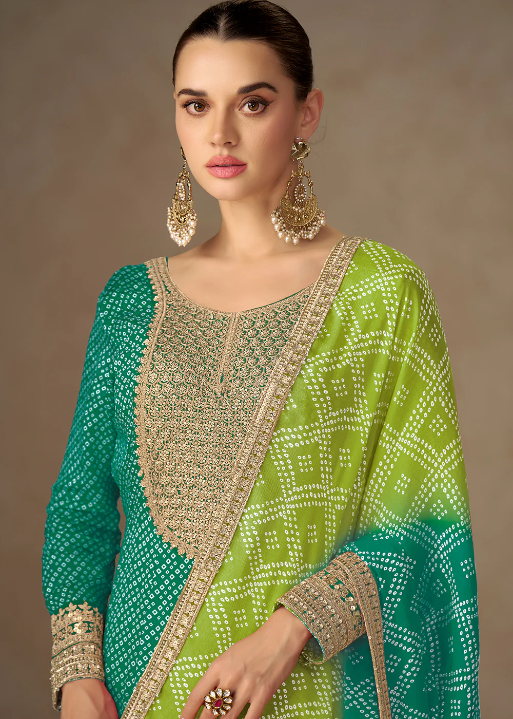 Chinon Bandhej Printed Green Festive Anarkali Gown - Image 2