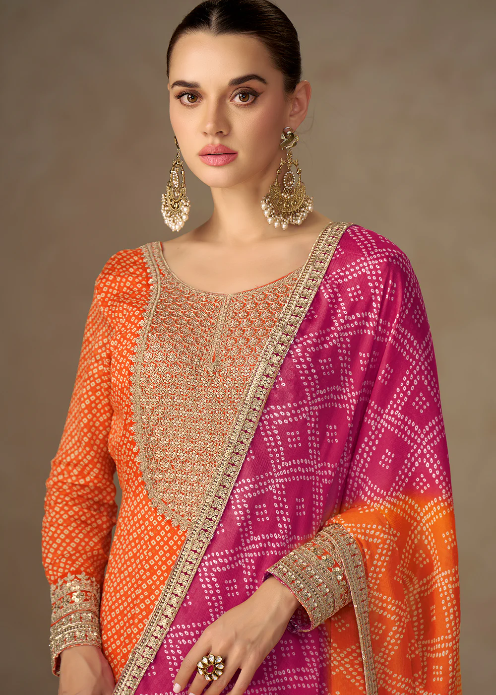 Chinon Bandhej Printed Orange Festive Anarkali Gown - Image 2