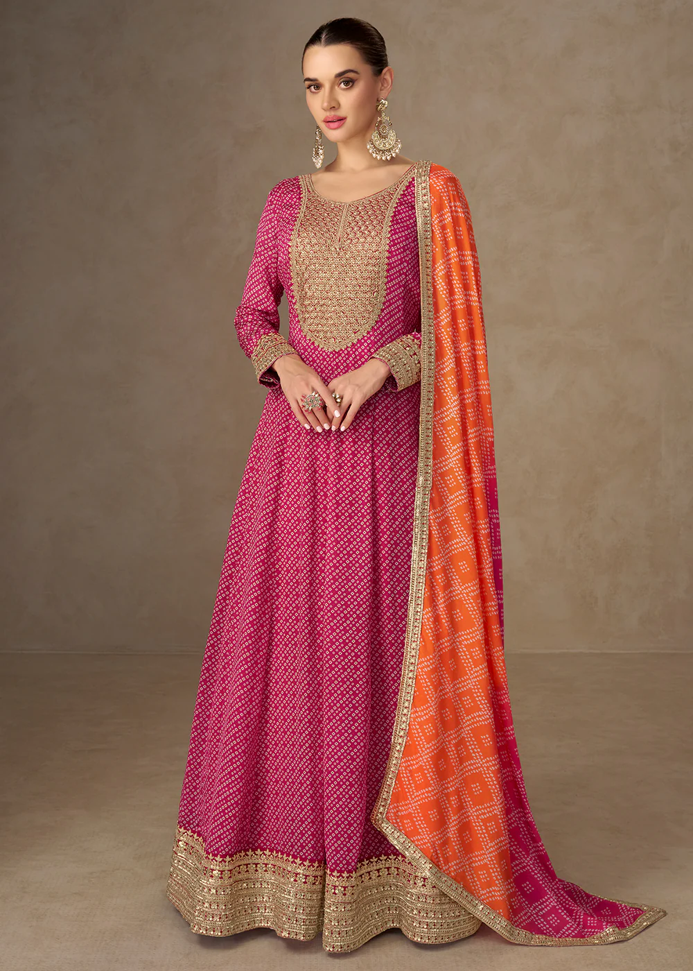 Chinon Bandhej Printed Pink Festive Anarkali Gown