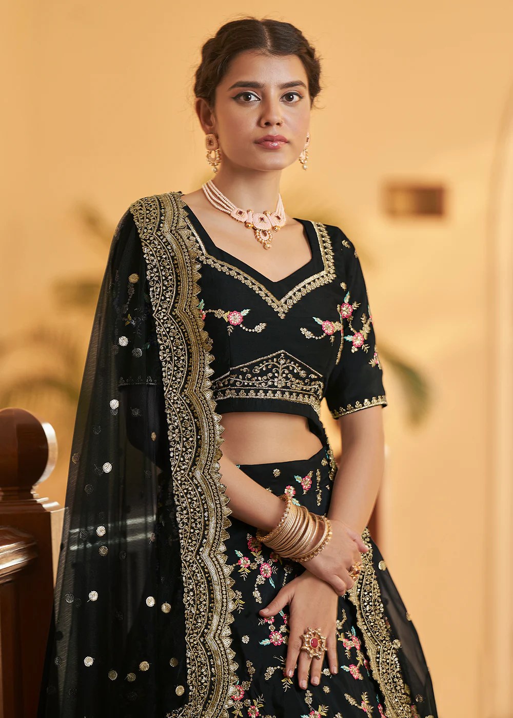 Chinon Silk Black Multi Embroidered Wedding Lehenga Choli - Image 2