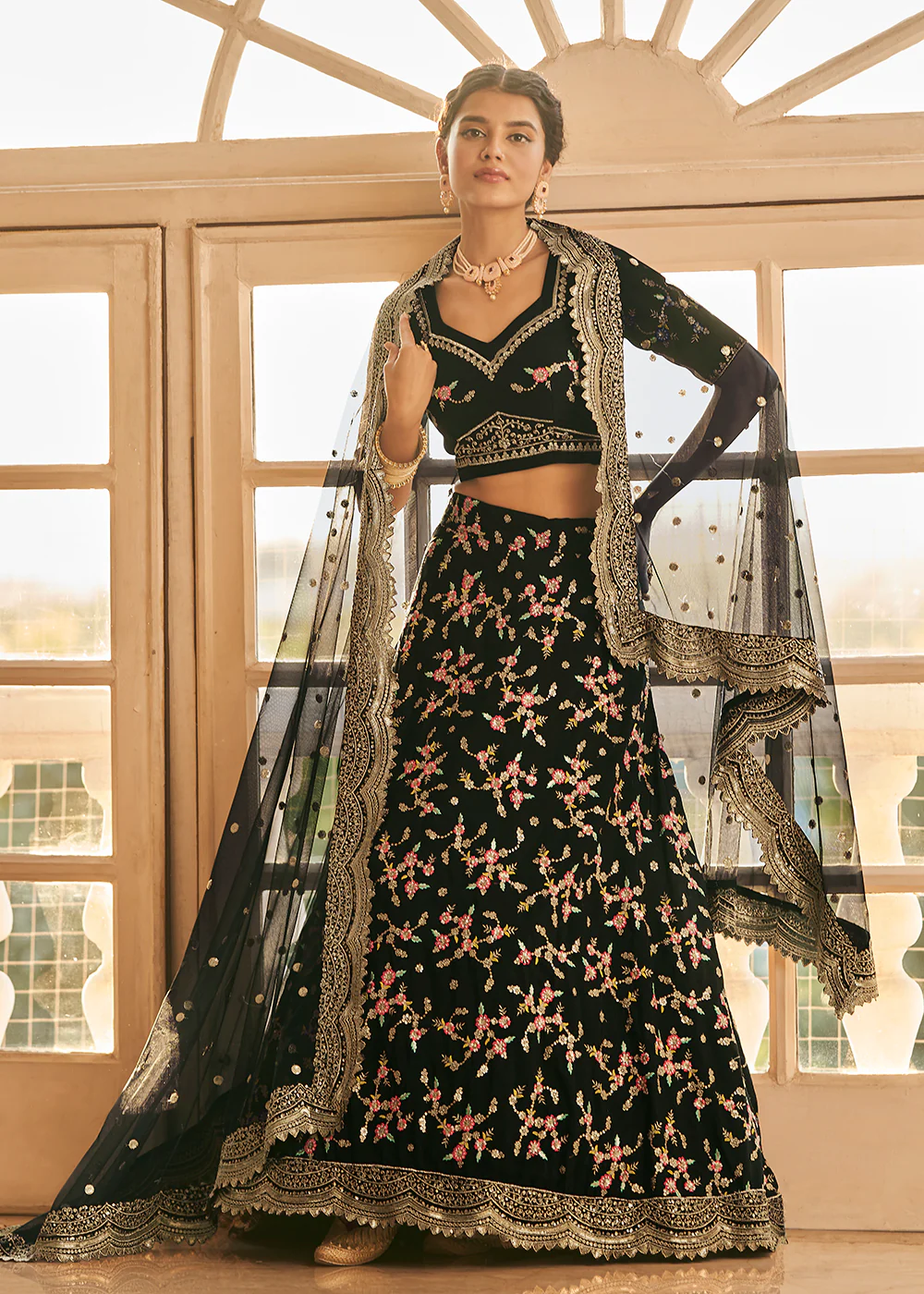 Chinon Silk Black Multi Embroidered Wedding Lehenga Choli - Image 3