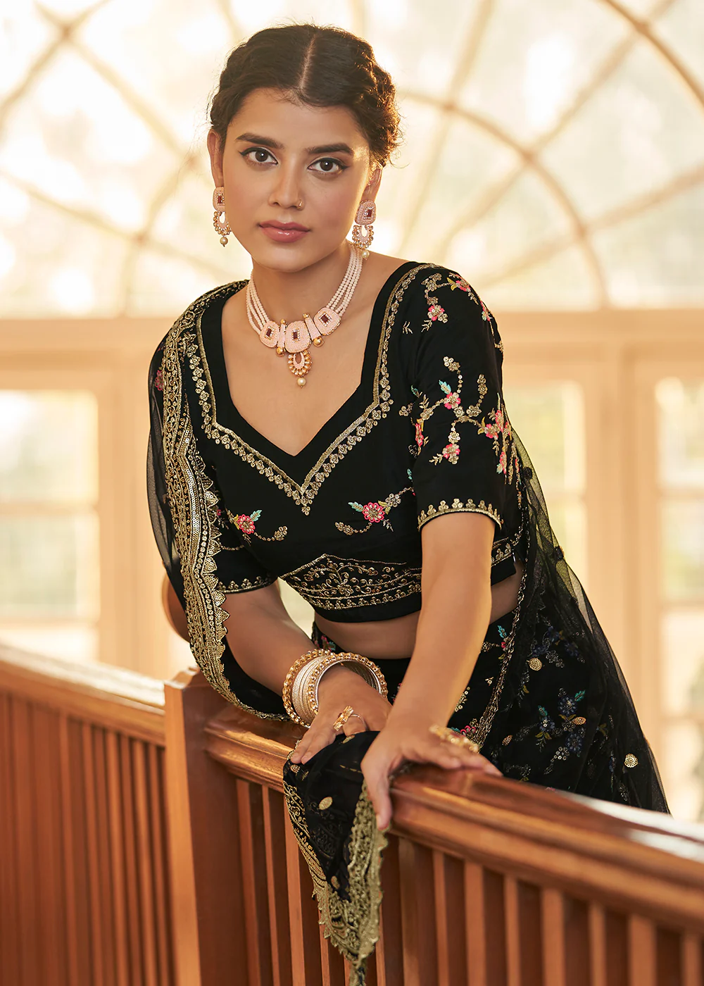 Chinon Silk Black Multi Embroidered Wedding Lehenga Choli - Image 4