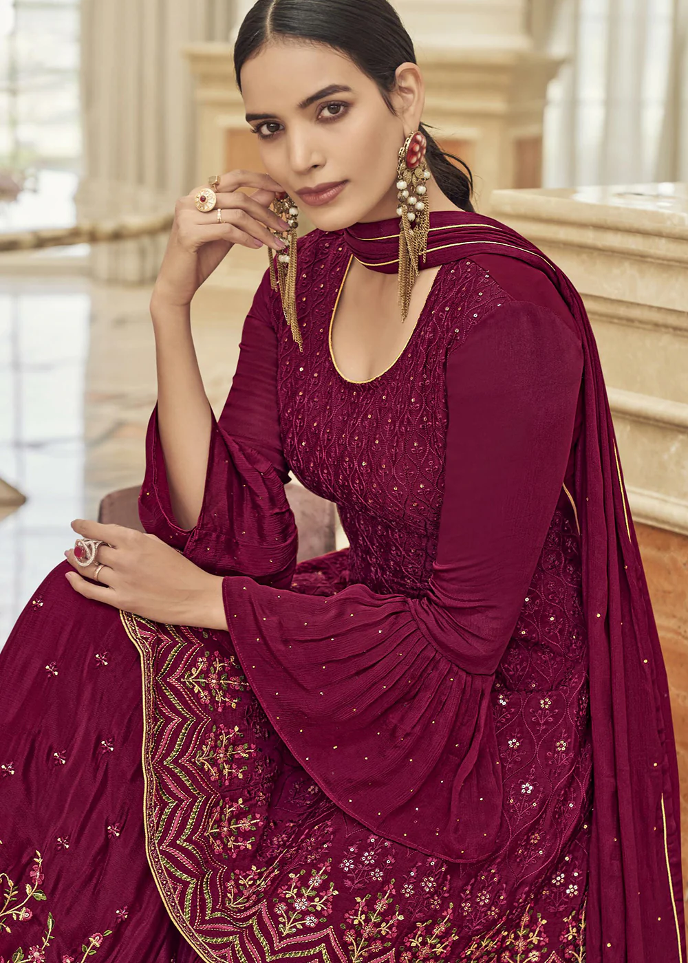 Chinon Silk Blazing Hot Pink Zarkan Embroidered Gharara Suit - Image 2