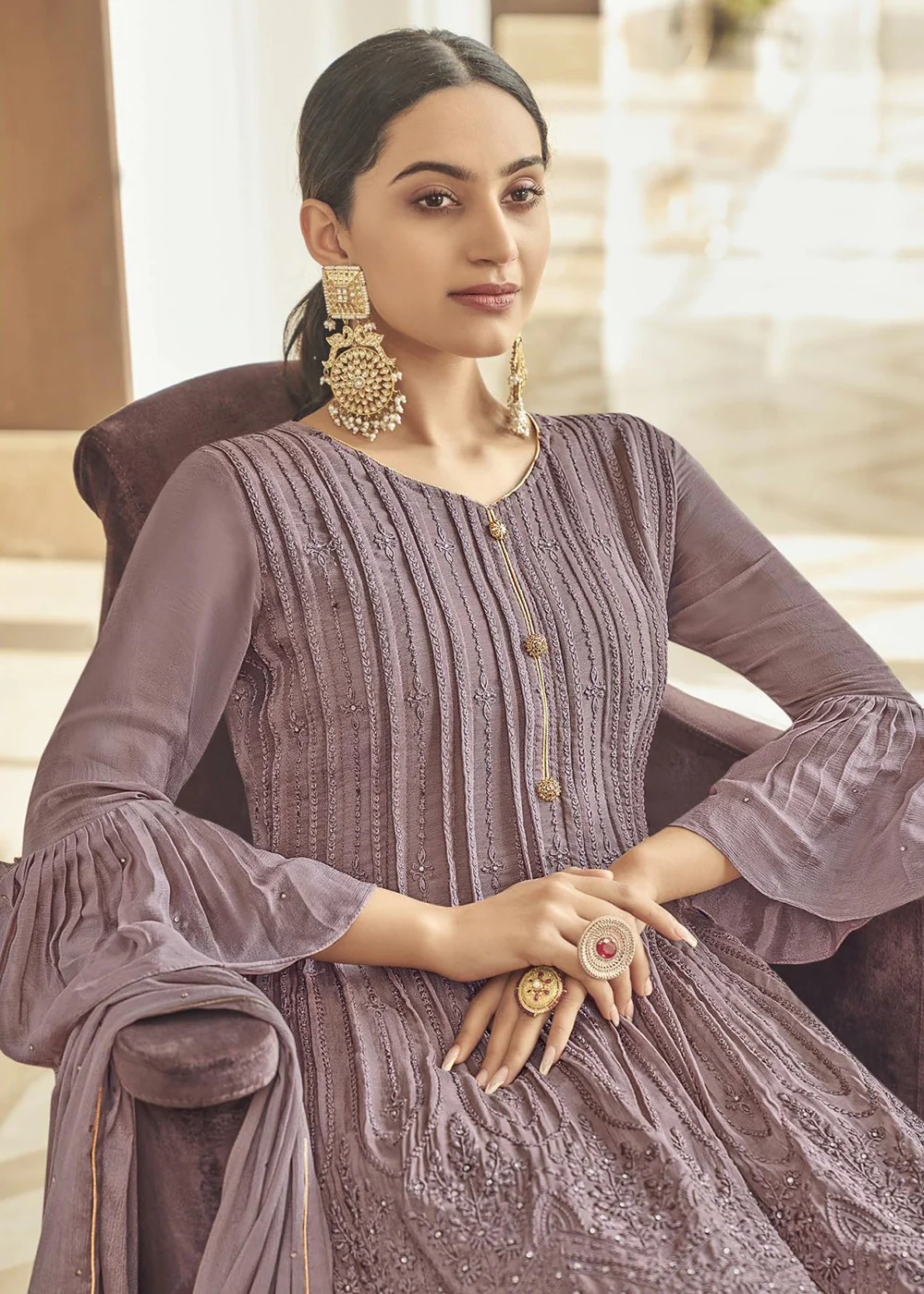 Chinon Silk Blazing Mauve Zarkan Embroidered Sharara Suit - Image 2
