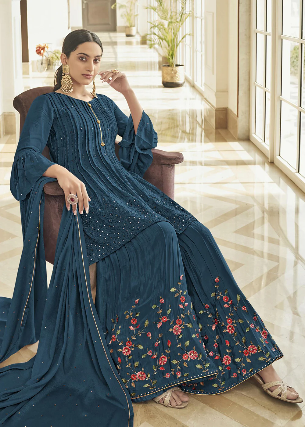 Chinon Silk Blazing Teal Blue Zarkan Embroidered Sharara Suit