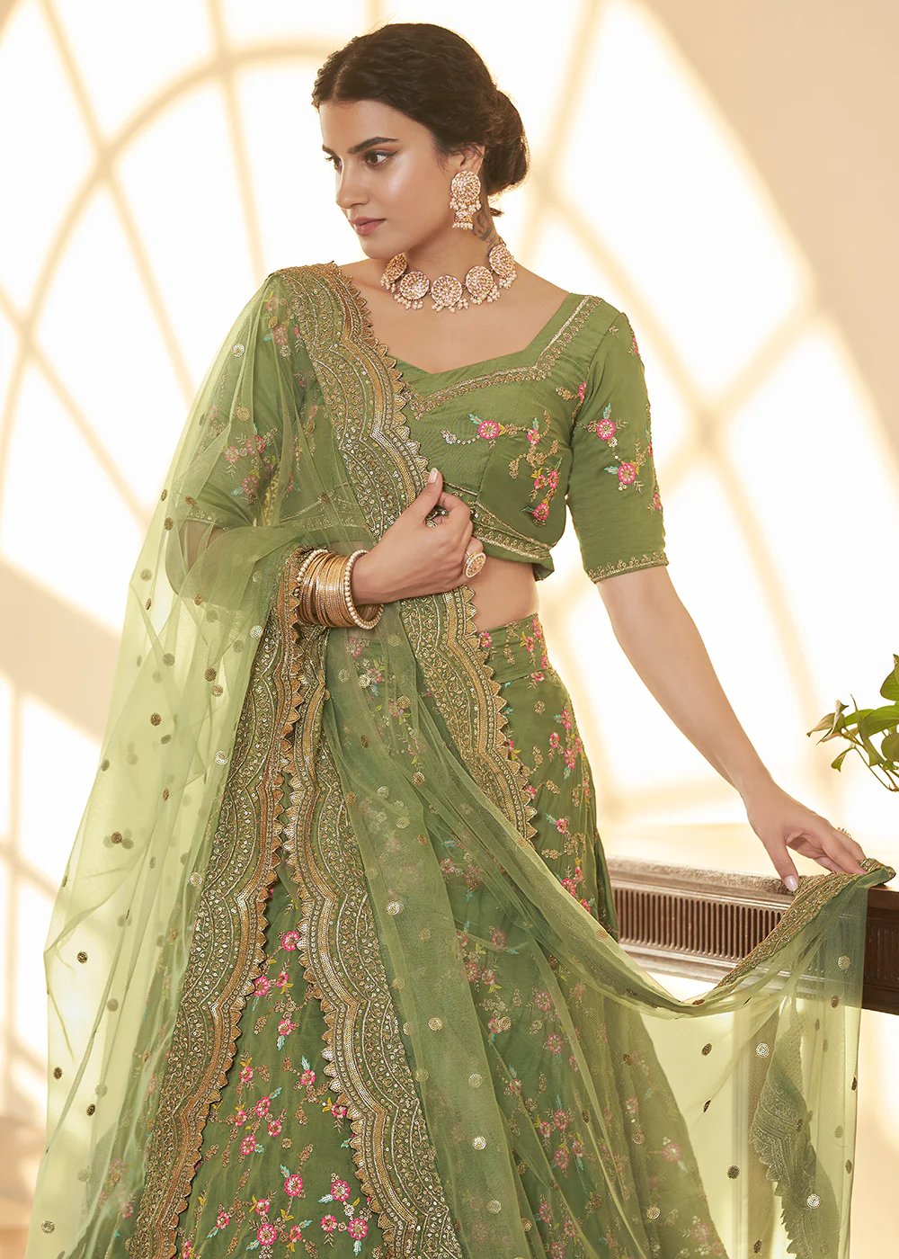Chinon Silk Green Multi Embroidered Wedding Lehenga Choli - Image 2