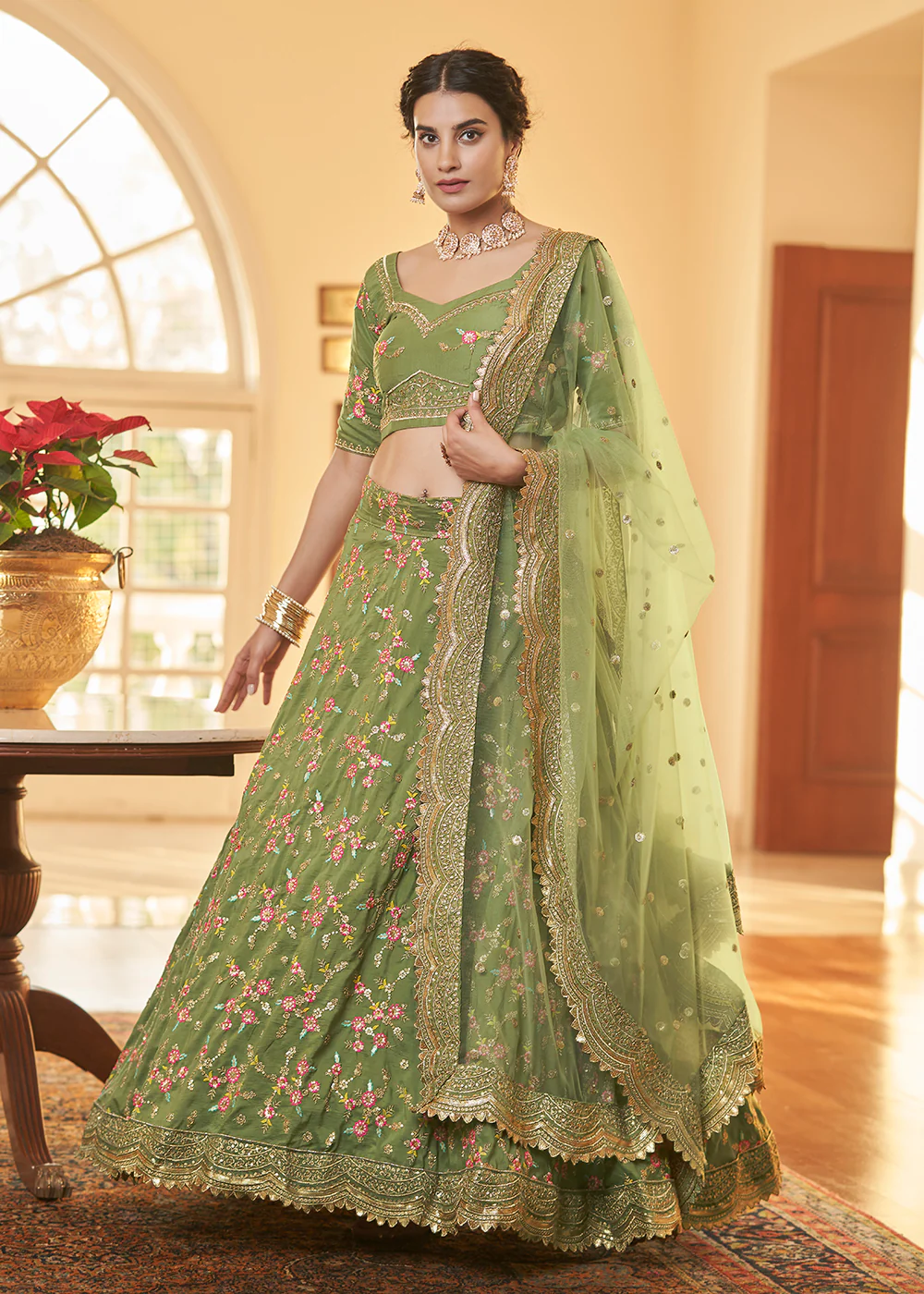 Chinon Silk Green Multi Embroidered Wedding Lehenga Choli - Image 3