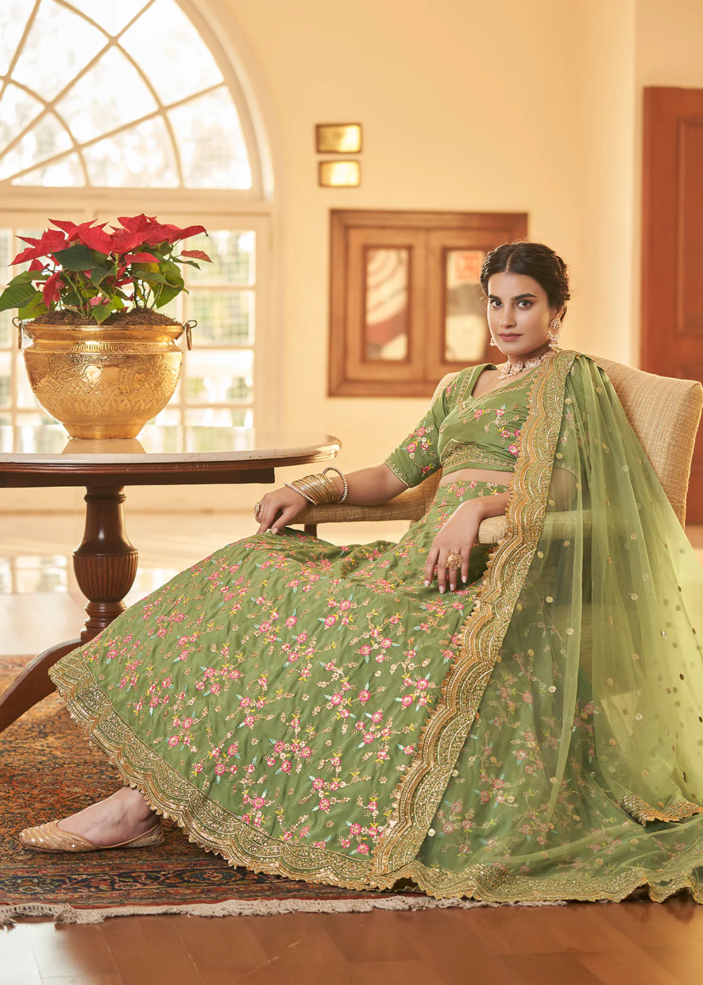 Chinon Silk Green Multi Embroidered Wedding Lehenga Choli - Image 4