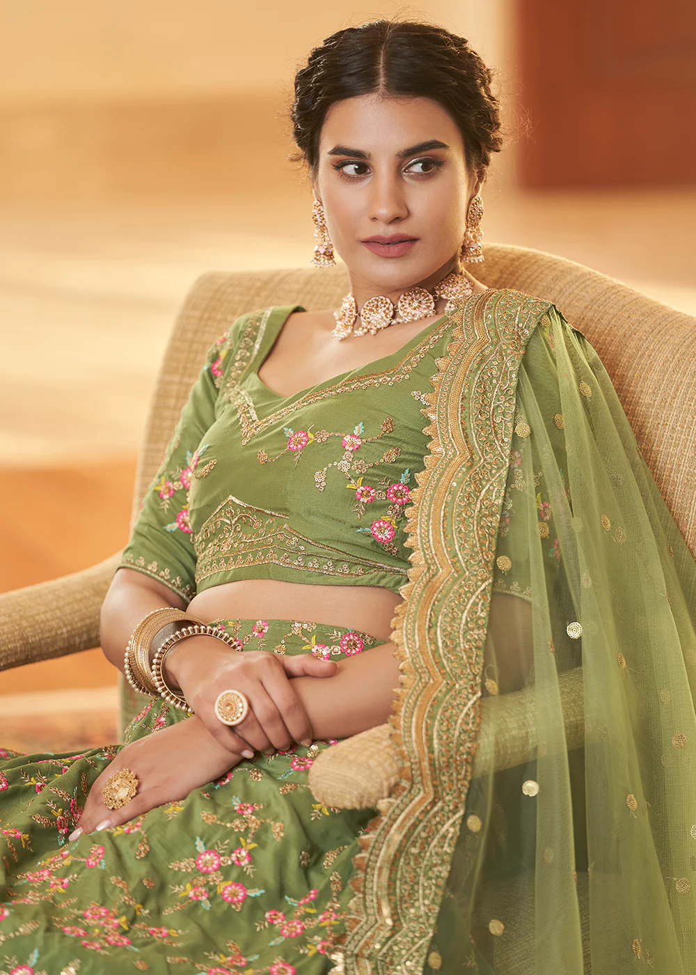 Chinon Silk Green Multi Embroidered Wedding Lehenga Choli - Image 5