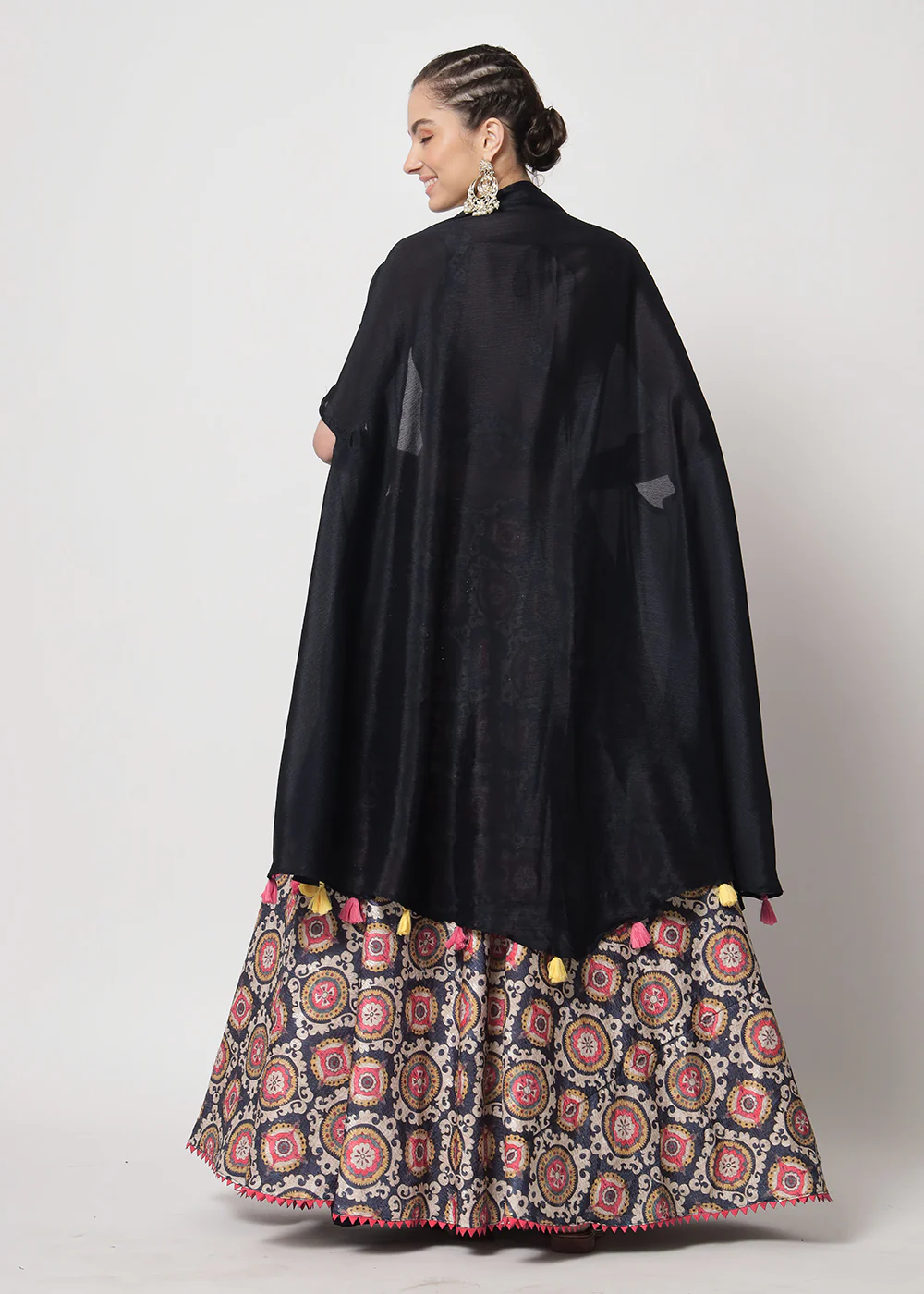 Chinon Silk Navy Blue Sequins & Printed Wedding Party Lehenga Choli - Image 3