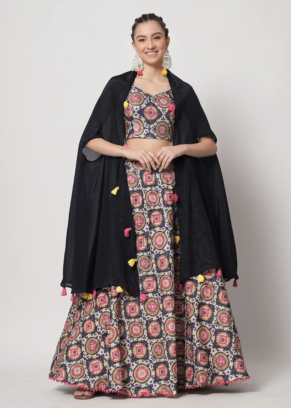 Chinon Silk Navy Blue Sequins & Printed Wedding Party Lehenga Choli - Image 5