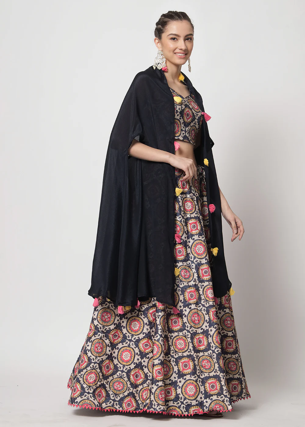 Chinon Silk Navy Blue Sequins & Printed Wedding Party Lehenga Choli - Image 7