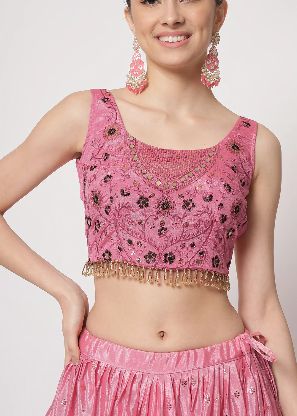 Chinon Silk Pink Mukaish Work Wedding Party Lehenga Choli - Image 2