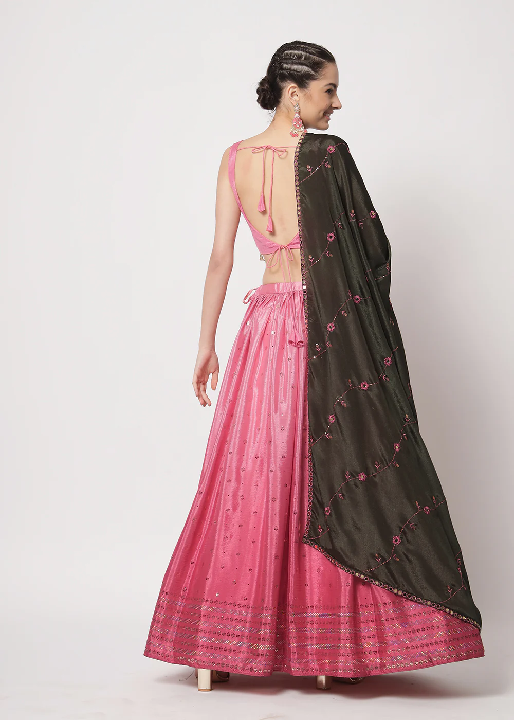 Chinon Silk Pink Mukaish Work Wedding Party Lehenga Choli - Image 3