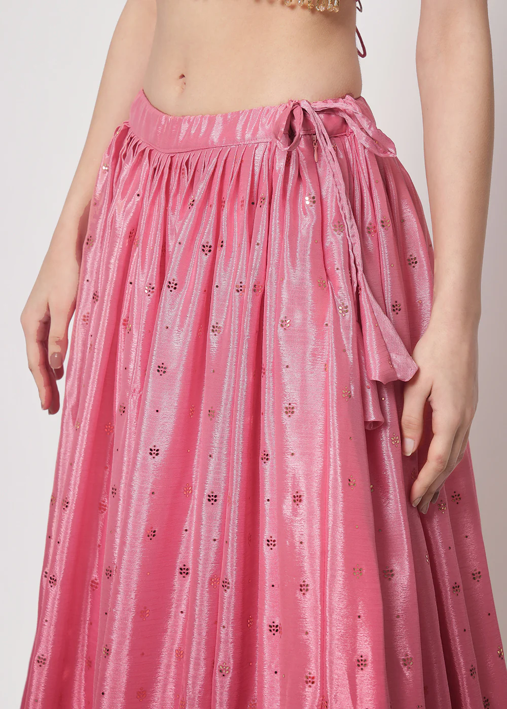 Chinon Silk Pink Mukaish Work Wedding Party Lehenga Choli - Image 4