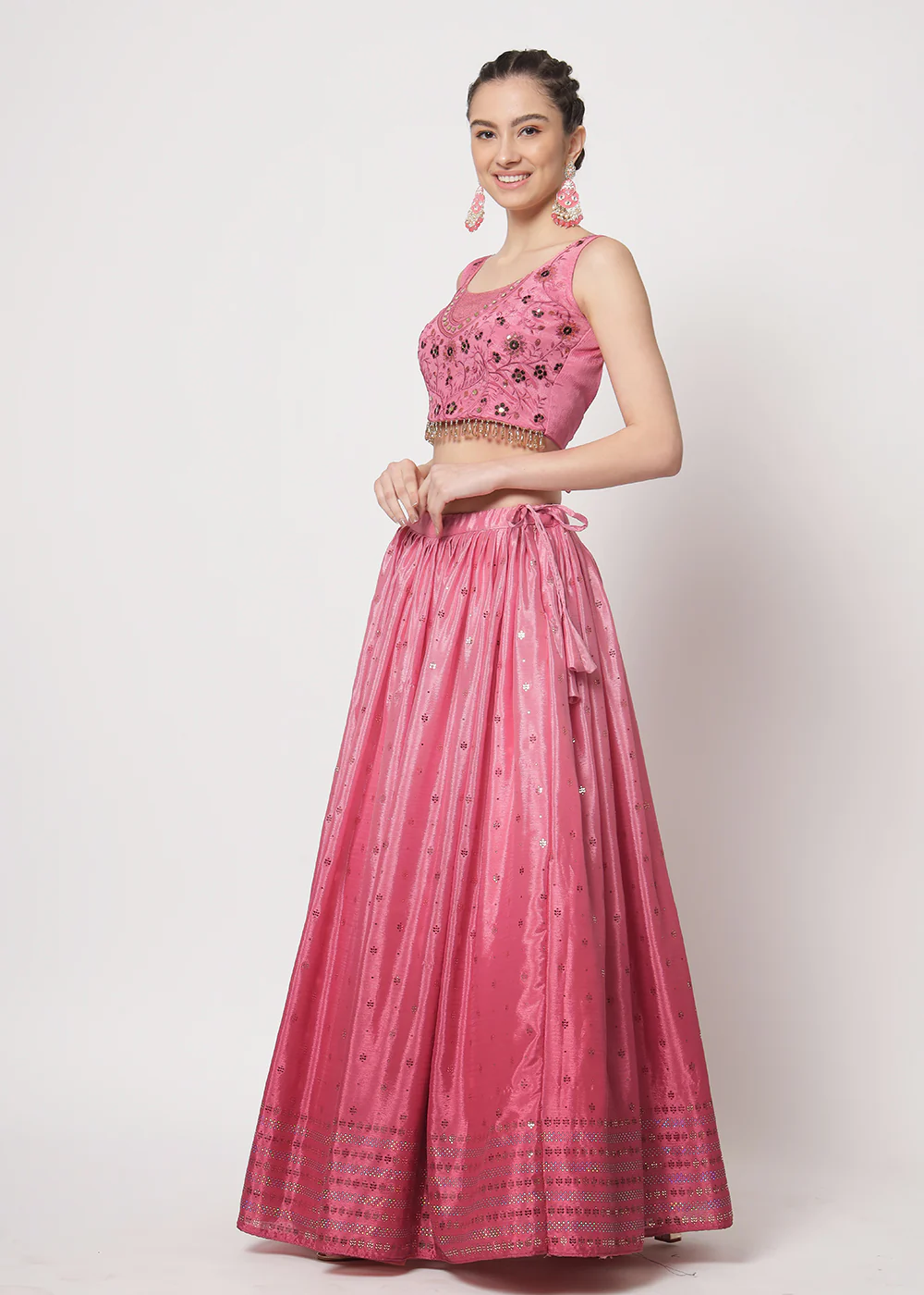 Chinon Silk Pink Mukaish Work Wedding Party Lehenga Choli - Image 6