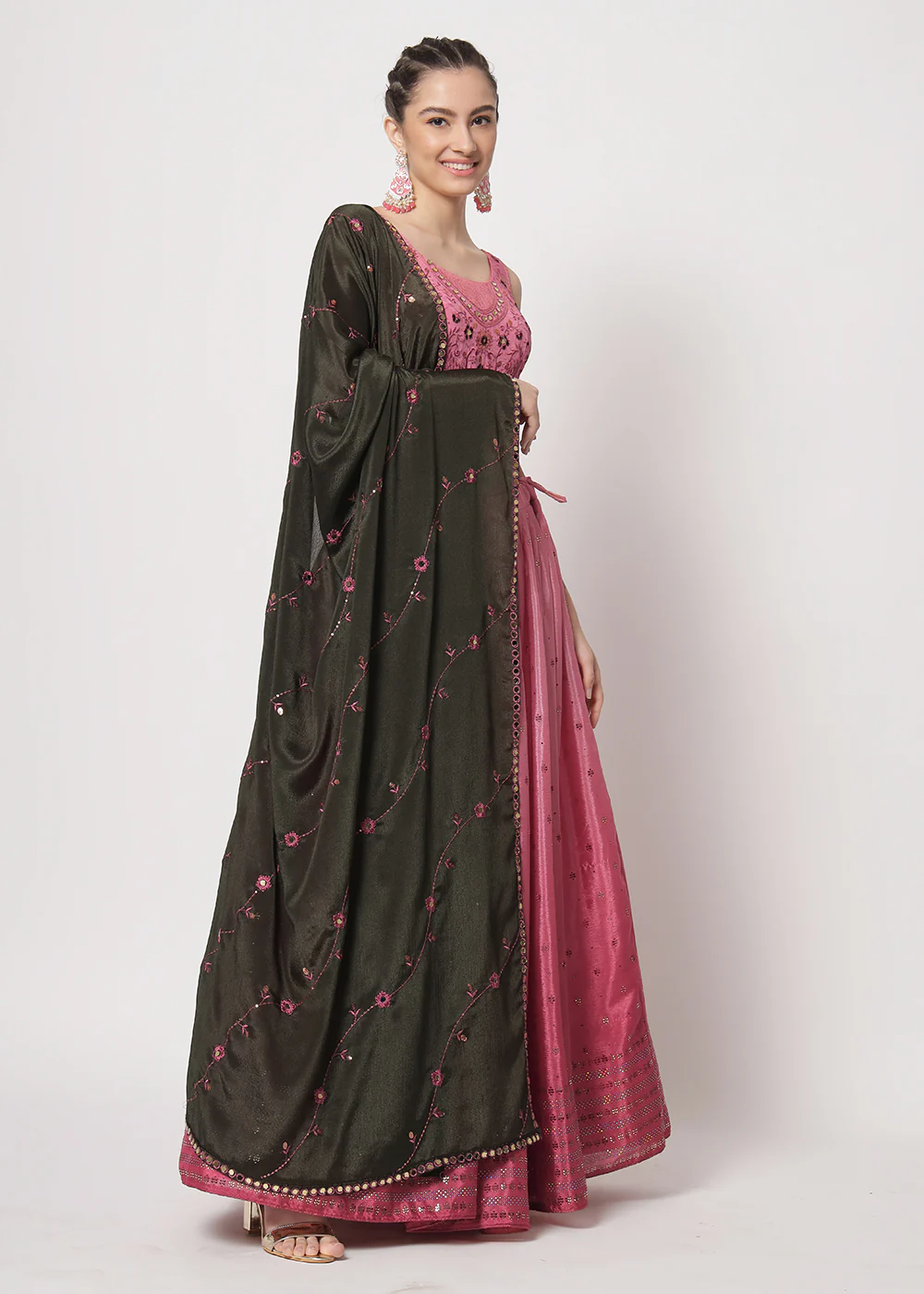 Chinon Silk Pink Mukaish Work Wedding Party Lehenga Choli - Image 7