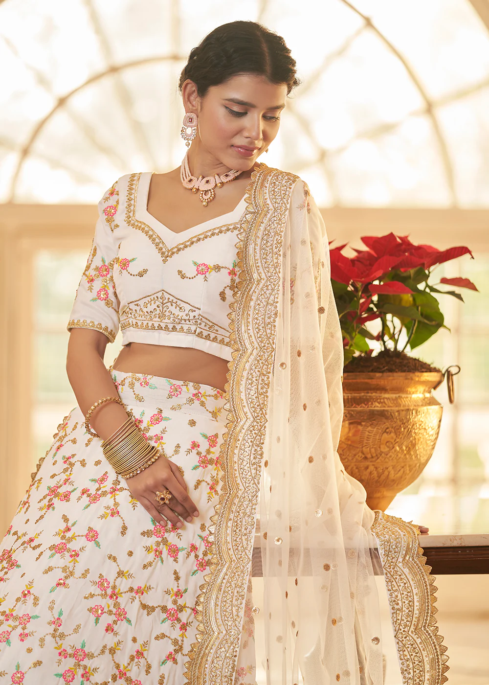 Chinon Silk White Multi Embroidered Wedding Lehenga Choli - Image 2