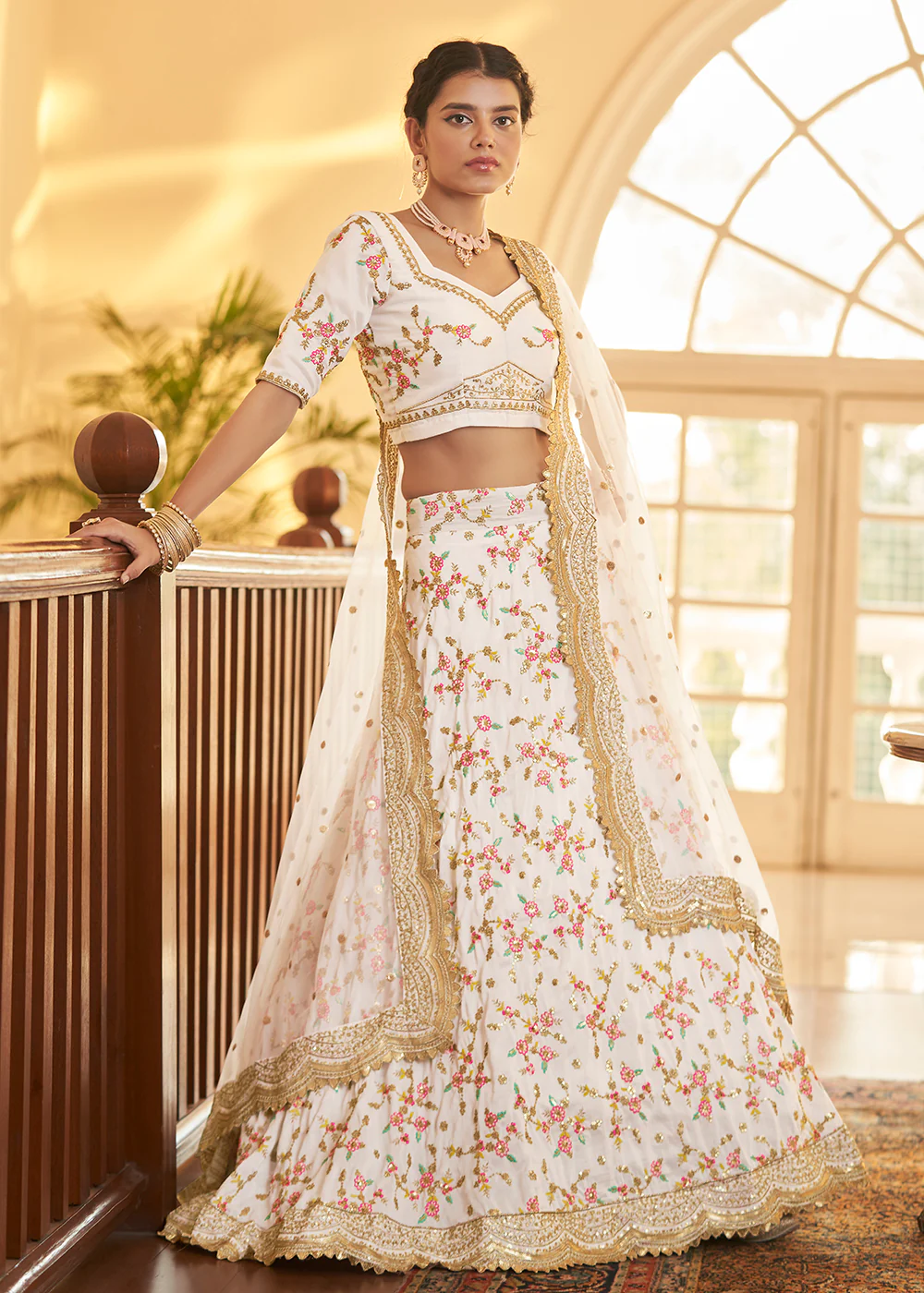 Chinon Silk White Multi Embroidered Wedding Lehenga Choli - Image 3