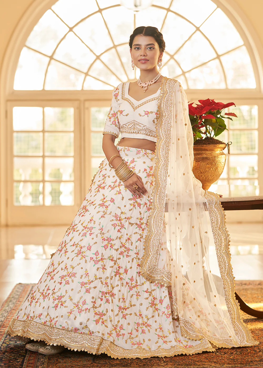 Chinon Silk White Multi Embroidered Wedding Lehenga Choli - Image 4